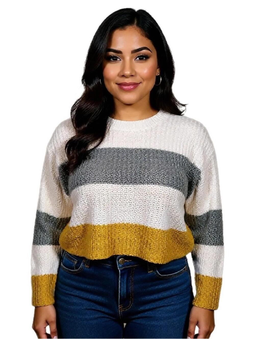 Sincerely Jules Knit sweater color block stripes white gray yellow  preppy XL